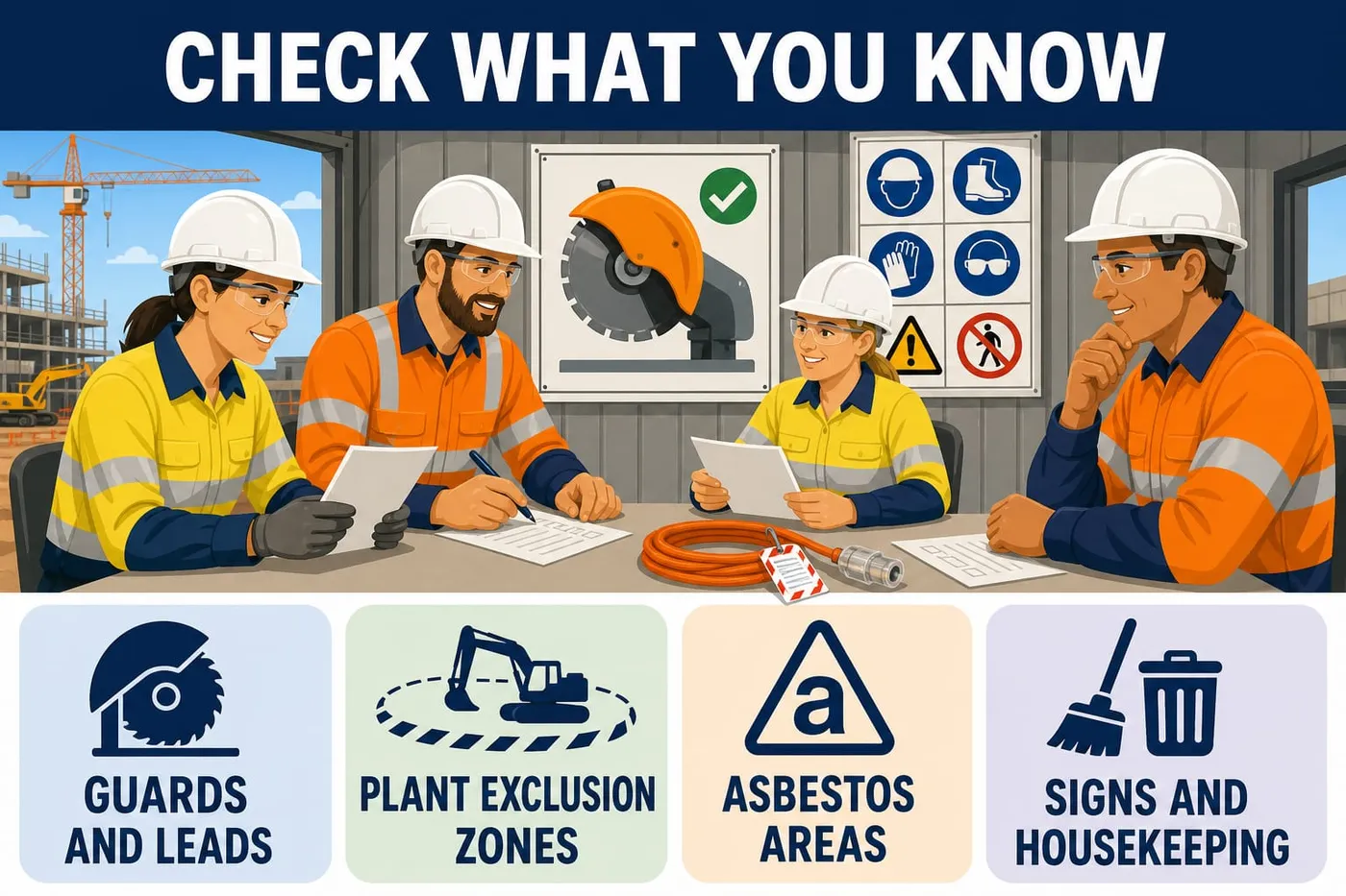 Illustration: check what you know - guards and leads, plant exclusion zones, asbestos areas, signs and housekeeping.