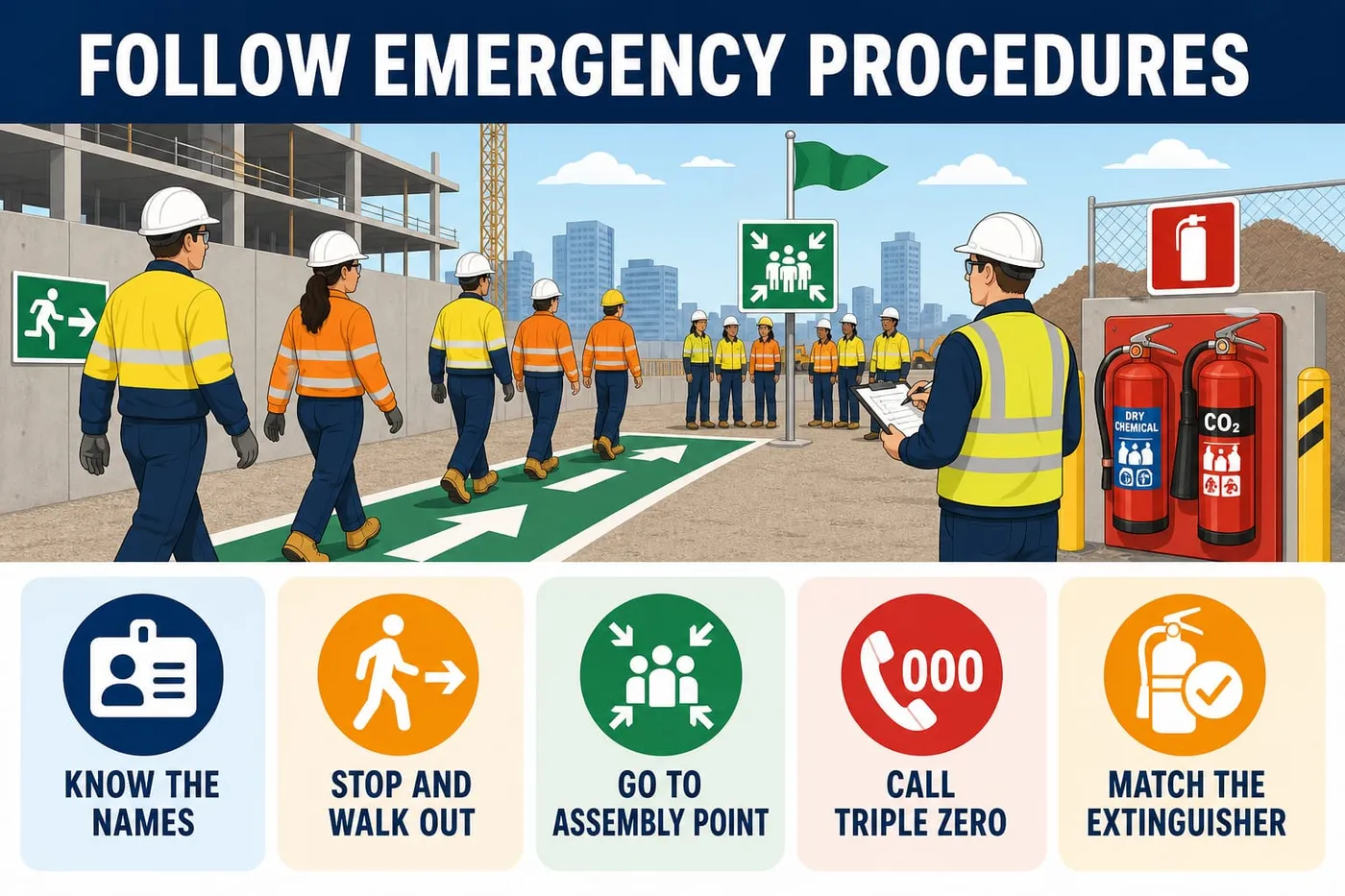 Illustration: follow emergency procedures - know the names, stop and walk out, go to assembly point, call triple zero, match the extinguisher.
