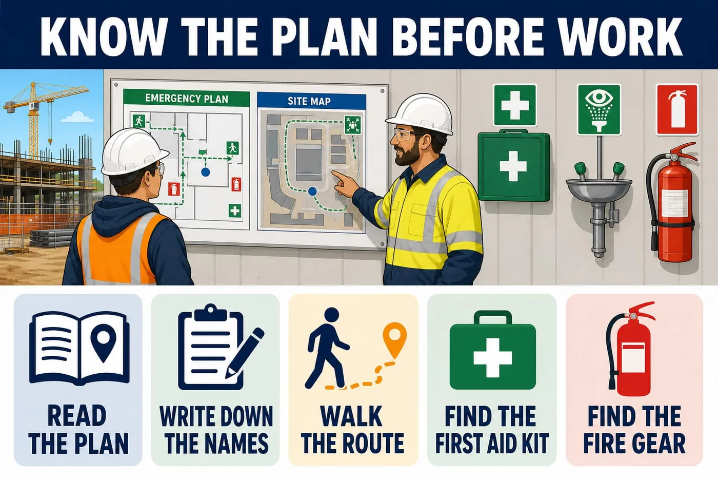 Illustration: know the plan before work - read the plan, write down the names, walk the route, find the first aid kit, find the fire gear.