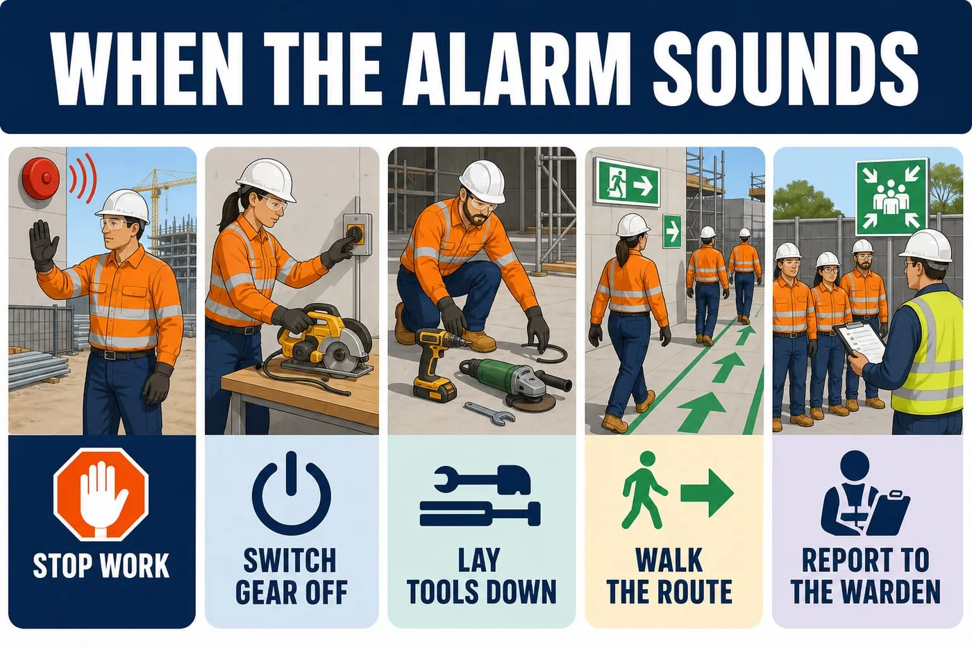 Illustration: when the alarm sounds - stop work, switch gear off, lay tools down, walk the route, report to the warden.