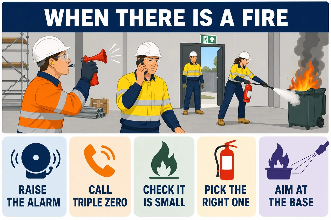 Illustration: when there is a fire - raise the alarm, call triple zero, check it is small, pick the right one, aim at the base.