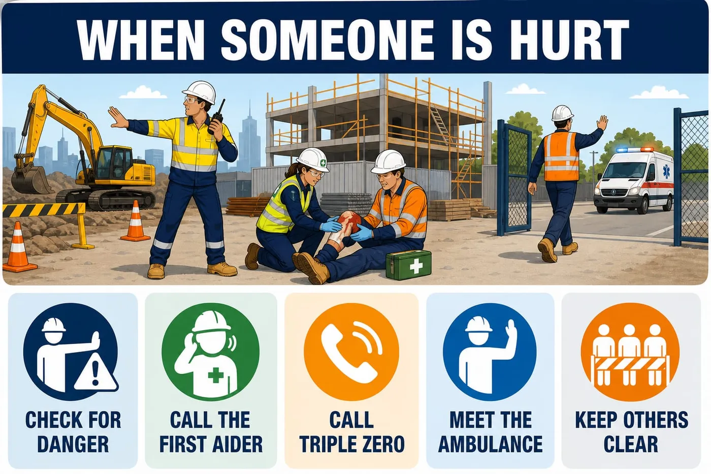 Illustration: when someone is hurt - check for danger, call the first aider, call triple zero, meet the ambulance, keep others clear.