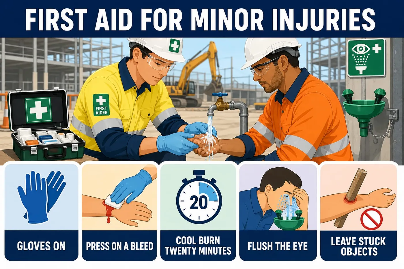 Illustration: first aid for minor injuries - gloves on, press on a bleed, cool burn twenty minutes, flush the eye, leave stuck objects.
