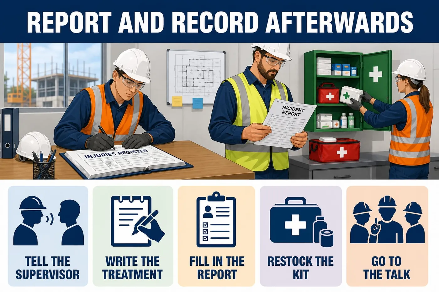 Illustration: report and record afterwards - tell the supervisor, write the treatment, fill in the report, restock the kit, go to the talk.