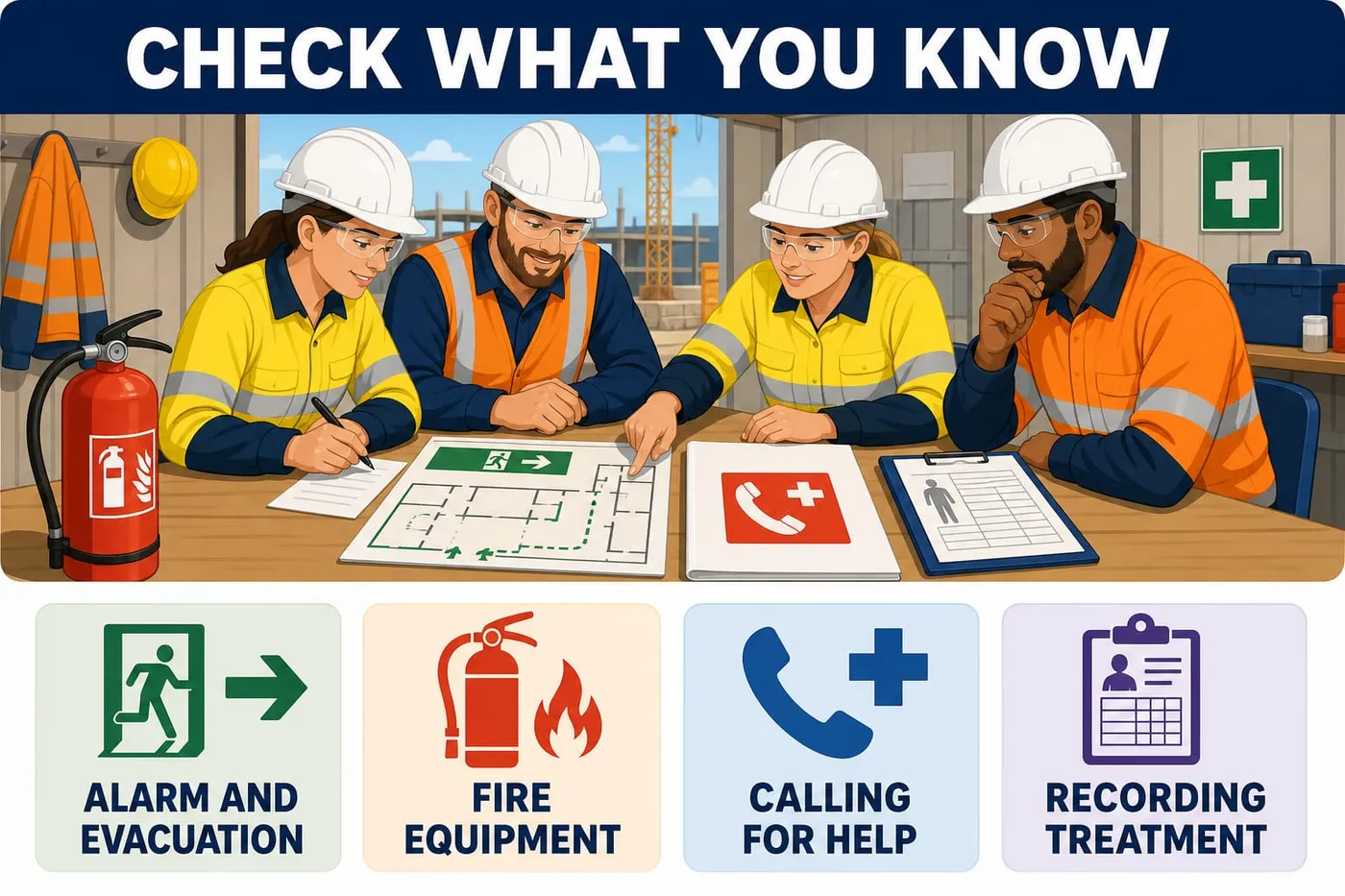 Illustration: check what you know - alarm and evacuation, fire equipment, calling for help, recording treatment.