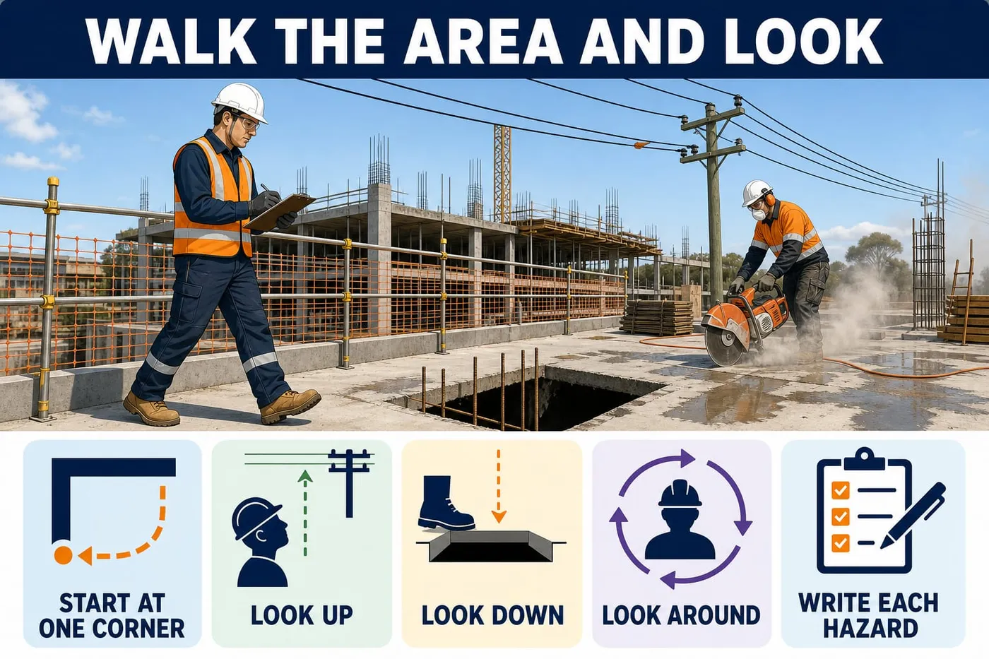 Illustration: walk the area and look - start at one corner, look up, look down, look around, write each hazard.