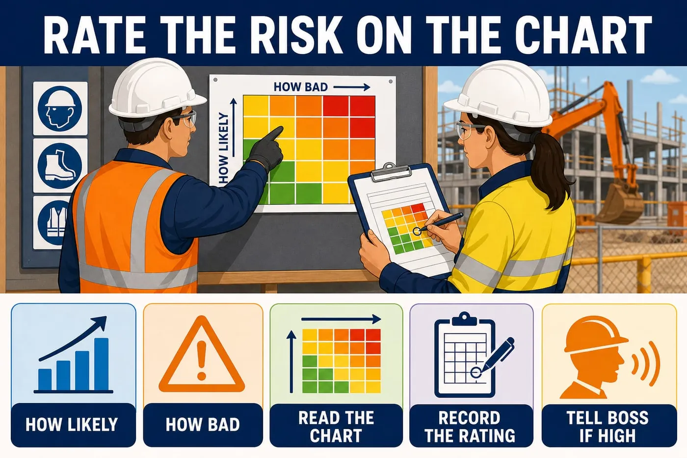 Illustration: rate the risk on the chart - how likely, how bad, read the chart, record the rating, tell boss if high.