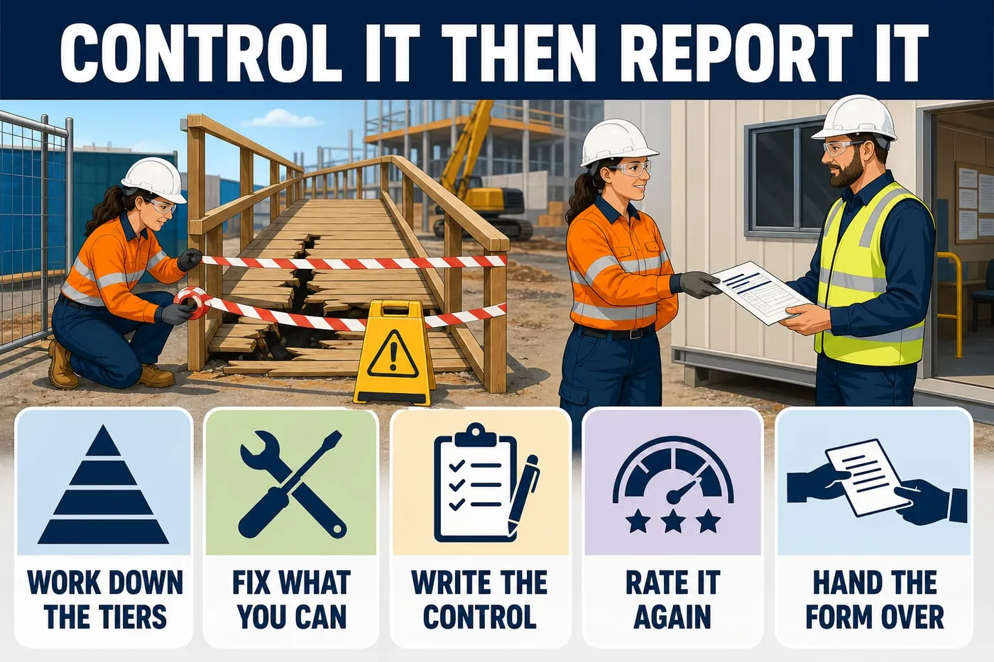 Illustration: control it then report it - work down the tiers, fix what you can, write the control, rate it again, hand the form over.