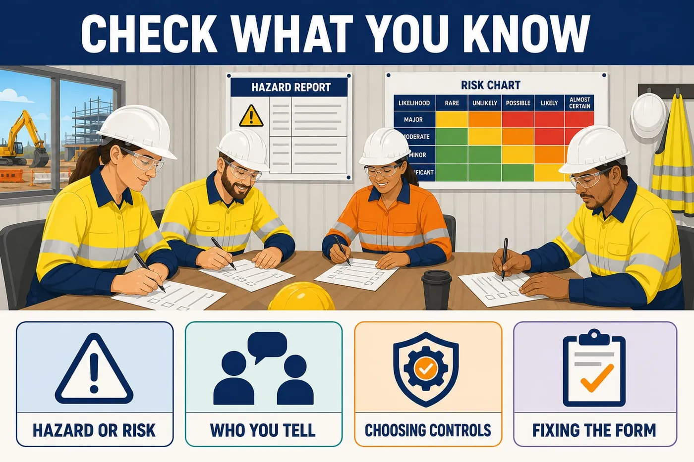 Illustration: check what you know - hazard or risk, who you tell, choosing controls, fixing the form.