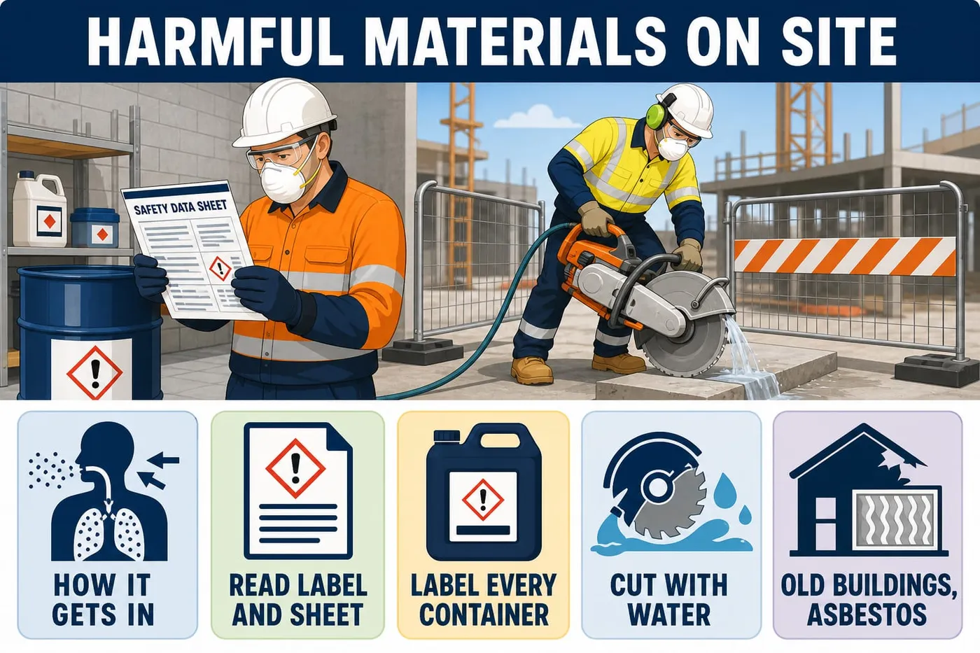 Illustration: harmful materials on site - how it gets in, read label and sheet, label every container, cut with water, old buildings, asbestos.